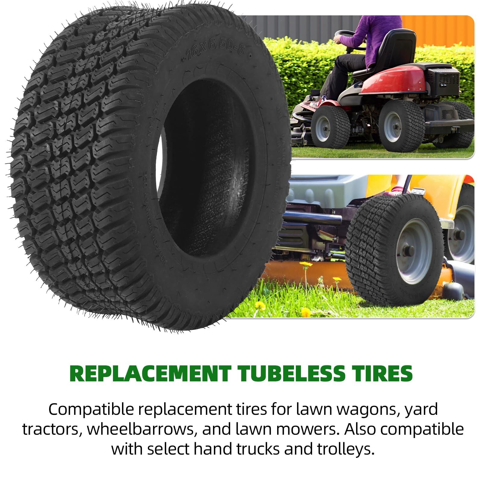 (2-Pack) 16X6.50-8 Tires - 4PR Durable Tubeless, Lawn Tractor Tires with Deep...