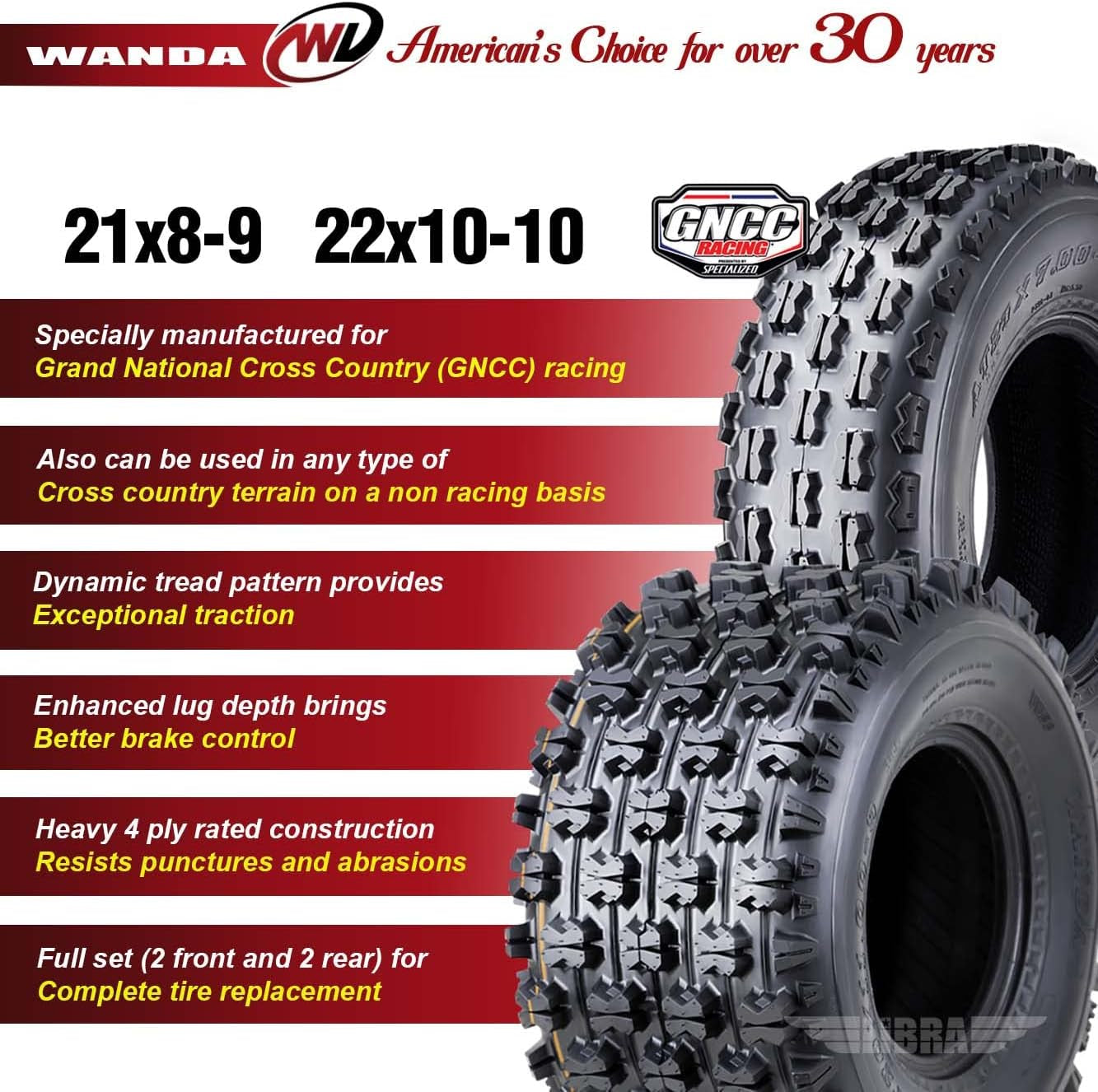 Set of 4 Sport ATV Tires 21X8-9 Front & 22X10-10 Rear /4PR GNCC Race Tires
