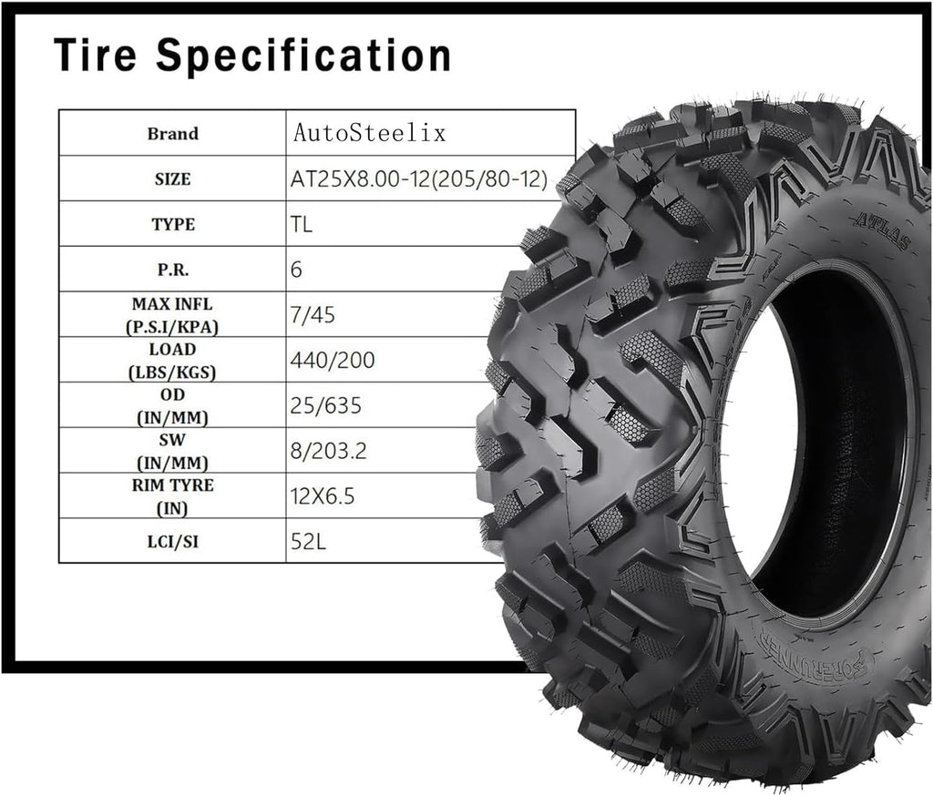 25X8-12 ATV Tires, 6PR All Terrain 25X8-12 TL ATV UTV Trail Sand Mud Off-Road Tires (Pack of 2, Tubeless)