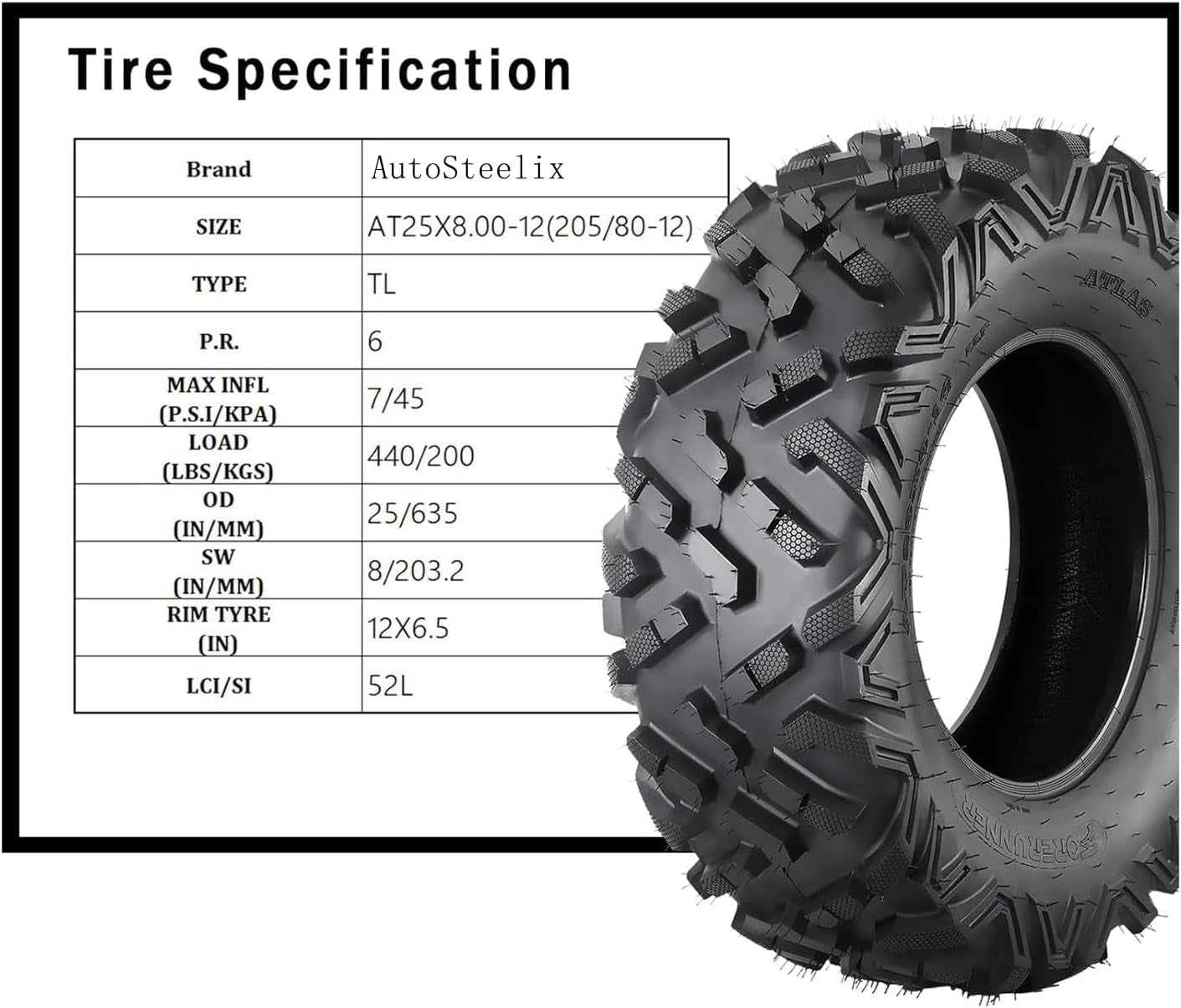 25X8-12 ATV Tires, 6PR All Terrain 25X8-12 TL ATV UTV Trail Sand Mud Off-Road Tires (Pack of 2, Tubeless)
