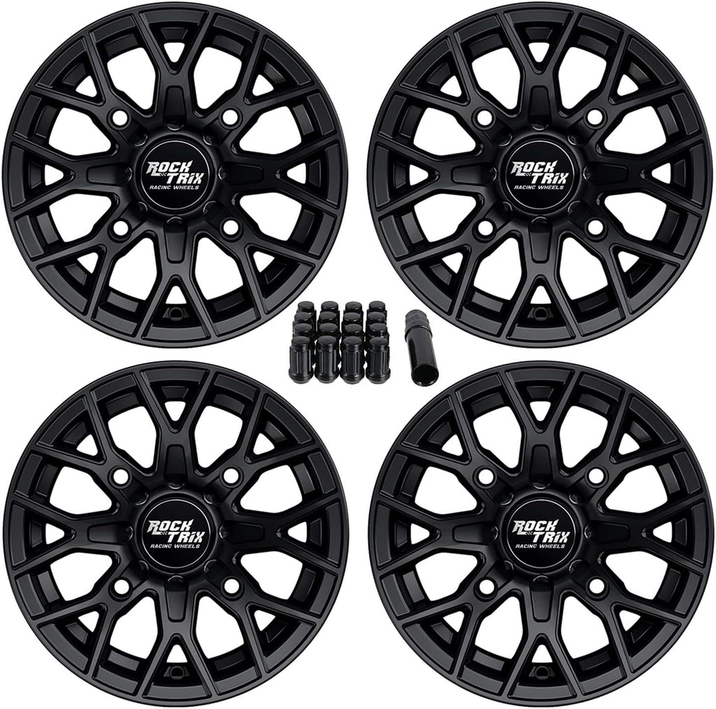 RT104 12In ATV Wheels 4X110 12X7 5+2 Offset, Includes M10X1.25 Lug Nuts, Compatible with Honda Kawasaki Yamaha Rubicon Rincon Brute Force Kodiak Grizzly Rhino IRS 4/110 UTV Rims (Set of 4)