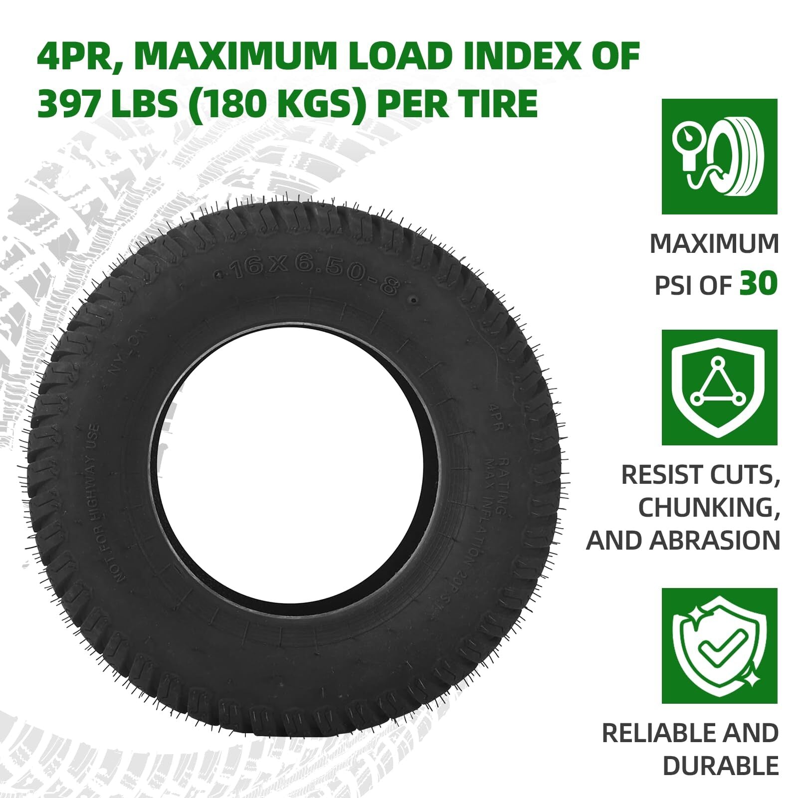 (2-Pack) 16X6.50-8 Tires - 4PR Durable Tubeless, Lawn Tractor Tires with Deep...