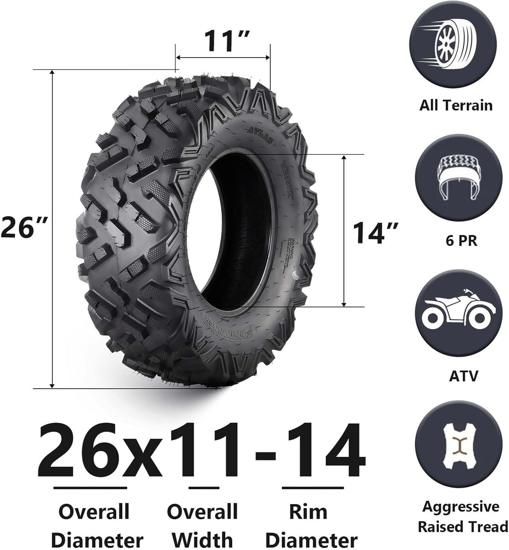 26X11-14 ATV Tire, 6PR, ATV/UTV Tires, All-Terrain Tires, Mud/Trail Tires, Set of 2