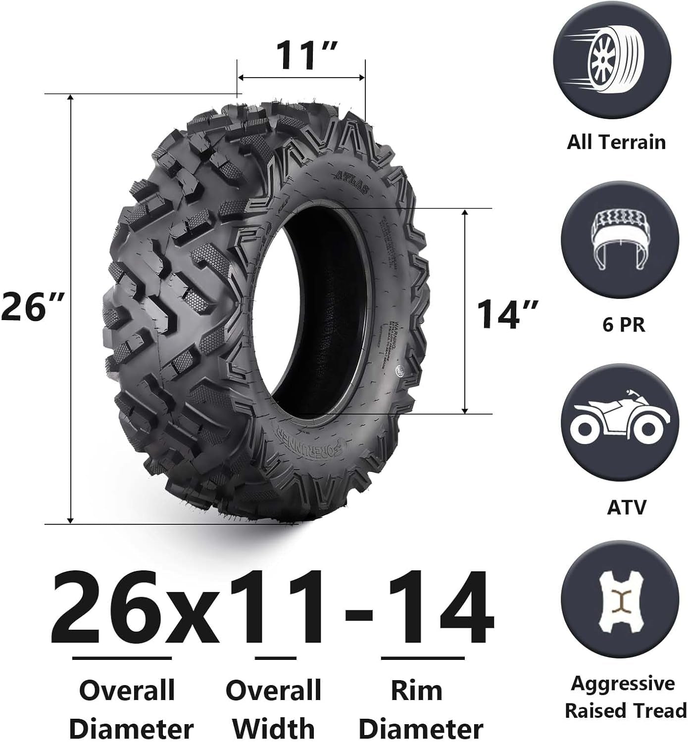 26X11-14 ATV Tire, 6PR, ATV/UTV Tires, All-Terrain Tires, Mud/Trail Tires, Set of 2