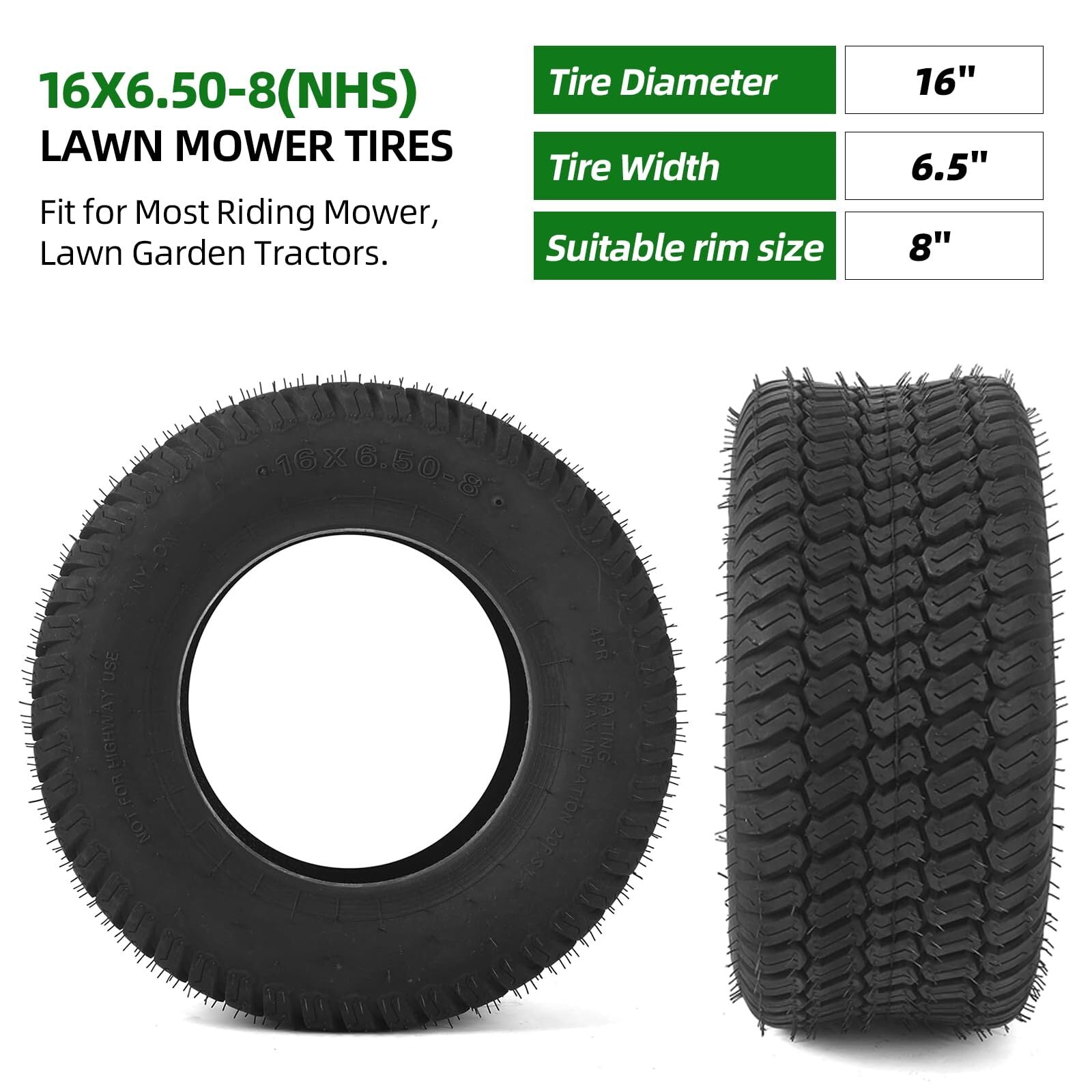 (2-Pack) 16X6.50-8 Tires - 4PR Durable Tubeless, Lawn Tractor Tires with Deep...