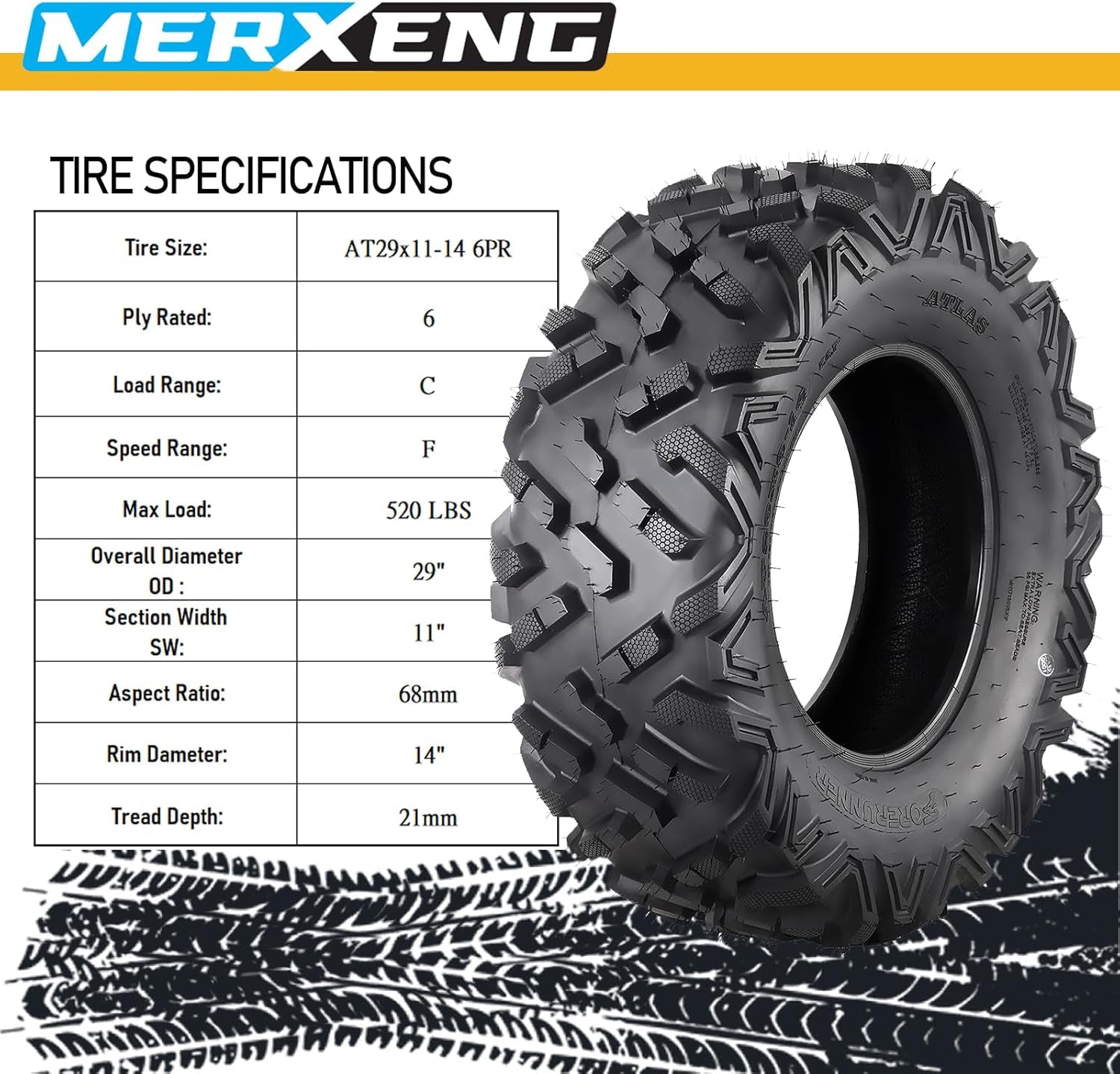 Set of 2  ATV UTV All-Terrain Tires 29X11X14 6PR, Radial Construction Non-Directional Tread Patterni - PAIR of 2 UTV Tires for 14 Inch Rims (At29X11-14 6PR)